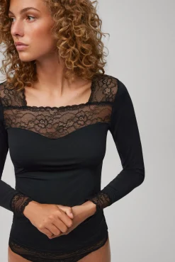 Camiseta manga larga microfibra encaje escote y puños negra<Ysabel Mora Outlet