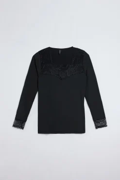 Camiseta manga larga microfibra encaje escote y puños negra<Ysabel Mora Outlet
