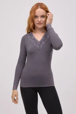TÉRMICO Camiseta térmica cuello pico detalles encaje gris<Ysabel Mora Sale