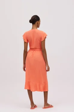 Vestido midi cruzado manga corta coral<Ysabel Mora Online